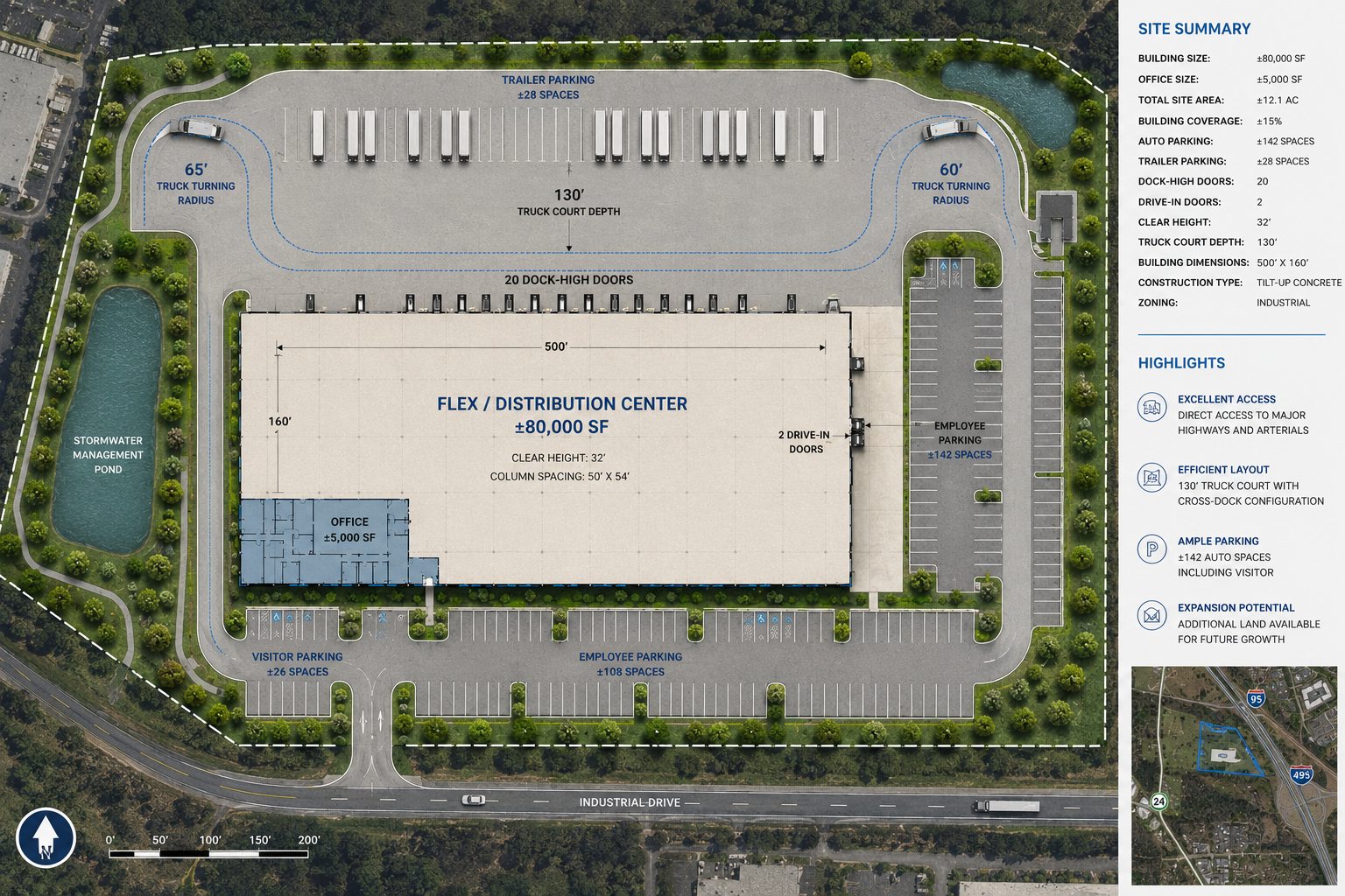 Example Tenfold Capture site plan of an 80,000 SF flex distribution center showing parking stall counts, truck turning radius, dock-high doors and site summary